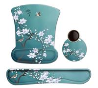 Ergonomic Keyboard and Mouse Pad Wrist Rest Set, Memory Foam Computer Gaming Office Mouse Mat Set for Easy Typing and Pain Relief, Non-Slip, Comfortable, Lightweight (White Flowers and Birds)