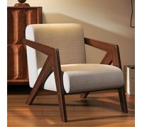 Ergonomic Lounge Fabric Chair, Mid-Century Upholstered Armchair with Solid Wood Legs & Armrests, Cushioned Reading Chair for Bedroom & Balcony, White Cotton-Linen Finish