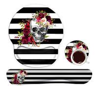 Ergonomic Mouse Pad Wrist Support Gel and Keyboard Wrist Rest Set for Laptop, Mac, Gaming and Office, Durable, Comfortable and Pain Relief + Coaster, Skull Flower