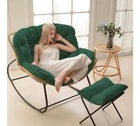Ergonomic Outdoor Rocking Chair with Footstool - Comfy Rattan Wicker Lounge Chair with Soft Thick Cushion for Living Room Bedroom Patio Reading Room (Green)