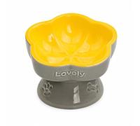 Ergonomic Raised Ceramic Slow Feeder Cat Bowl, 15 Tilted Elevated Cat Food Bowl Small Dogs Slow Feeder Bowl, Whisker Friendly Cat Bowl for Dry and Wet Food (Petal water bowl, Grey+Yellow)