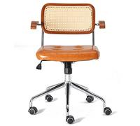 Ergonomic Rattan Office Chair - Retro Swivel Desk Chair with PU Silent Wheels - Mid Back Ergonomic Armchair for Home & Office Use - Stylish Living Room Furniture