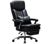 Ergonomic Reclining Office Chair 90°-175° with Lumbar Support Pillow, Genuine Leather Executive Seat & Retractable Footrest - Black
