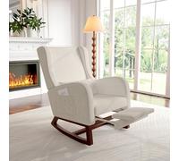 Ergonomic Rocking Chair with Footrest and Side Pocket Soft Upholstered Rocker Beige Linen Nursery and Living Room Furniture Comfortable Rocking Armchair