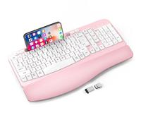 Ergonomic Wireless Keyboard with Cushioned Wrist Rest, Wave Keys, Phone Holder, Comfortable Natural Typing, 2.4GHz Full Size Silent Cordless USB Computer Keyboard for Laptop, Mac, Windows (Pink)