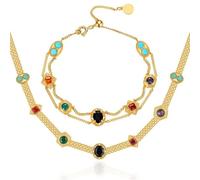 ERGRFHNL Tilda Necklace Set, Adjustable Multicolor Stone Double-Layered Gold-Plated Bracelet, Medieval Vintage Style Necklace Set, Jewelry Gift for Women Teen Girls (Bracelet(18-19 cm)+Necklace)