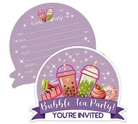 ERHACHAIJIA 20 PCS Bubble Tea & Desserts Shaped Fill-In Invitations Cards With Envelopes, Funny Sweet Purple Bubble Tea Party Birthday Boba Tea Party Invites For Girls Adults Bubble Tea Lover