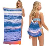 ERhoug Beach Sunset Ocean Waves Print 2 In 1 Beach Towel Bag, Packable Backpack For Camping, Travel, And Vacation, Quick Dry Convertible Microfiber Mat