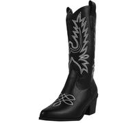 ERHTGUO Mid-Calf Boot Boots For Women Trend Slip On Embroidered Western Cowgirl Vintage Style White High Heels(Black,37)