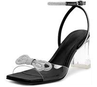 ERHTGUO Rhinestone Sandals Sexy Open Square Toe Bow Ankle Strap Clear Chunky Heel Women(Black,10)