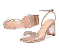 ERHTGUO Rhinestone Sandals Sexy Open Square Toe Bow Ankle Strap Clear Chunky Heel Women(Champagne,10.5)