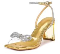 ERHTGUO Rhinestone Sandals Sexy Open Square Toe Bow Ankle Strap Clear Chunky Heel Women(Gold,7)