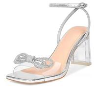 ERHTGUO Rhinestone Sandals Sexy Open Square Toe Bow Ankle Strap Clear Chunky Heel Women(Silver,10)