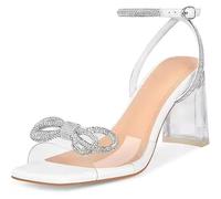ERHTGUO Rhinestone Sandals Sexy Open Square Toe Bow Ankle Strap Clear Chunky Heel Women(White,8)