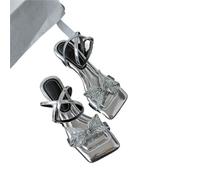 ERHTGUO Silver Rhinestone Butterfly Knot Sandals Women's Summer Fairy Style For Skirts Square Head Toe Exposure High Heels(Silver,37)