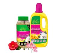 Ericaceous Plant Food Feed Fertiliser - Bundle of 900g Continuous Release Plant Feed Granules & 800ml Concentrated Liquid Plant Food. Garden Plants Fertilizer for Azalea, Camellia with Card