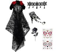 Ericetion Gothic Bride Veil,Wrist Bracelet,False Flower,Stickers,Necklace Set,Halloween Costume Set for Party Cosplay Photography
