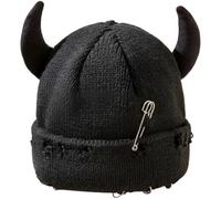 Ericetion Unisex Knitted Beanie Hat, Halloween Distressed Skull Cap Devil Horns Knitted Hat Funny Hip Hop Hat Windproof Warm Winter Yarn Hat for Men Women