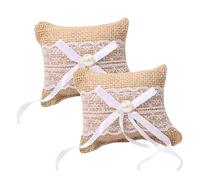 ericotry 2PCS Burlap Ring Bearer Pillow Cushion with Lace Bow Bridal Wedding Ceremony Pocket Ring Holder for Proposal