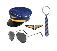 ericotry 4 PCS Airline Pilot Costume Set Captain Hat Aviator Sunglasses Tie Pilot Accessories for Halloween Cosplay
