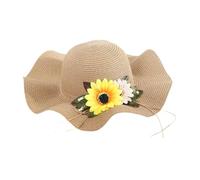 ericotry Brown Adjustable Large Wide Brim Straw Sun Hats with Sun Flowers Sun Protection Floppy Foldable Beach Hat Cap for Travel Summer Vacation