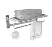 Eridanus Bathroom Towel Rack with 5 Towel Hooks, Wall-Mounted Stainless Steel Foldable Towel Rail with Double Towel Shelf, Hotel Style Shower Shelf Organizer, Chrome - 60 cm Long