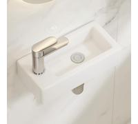 Eridanus Wall Hung Basin, Wall Mounted Bathroom Sink, Compact Rectangular Ceramic Vessel Sink, 370 x 185 x 90 mm, Gloss White, Left Tap Hole, Countertop Basin, Space Saving Cloakroom Basin