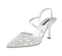 ERIJUNOR Slingback Wedding Party Shoes for Women Bridal Lace Mesh Kitten Heels Pointed Toe Pearl Beading Pumps Dress Shoes, Silver, 5 UK
