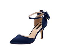 ERIJUNOR Wedding Evening Party Shoes Comfortable Mid Heels Pumps with Bow Knot Ankle Strap Wide Width Satin Shoes, Navy, 5.5 UK