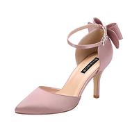 ERIJUNOR Wedding Evening Party Shoes Comfortable Mid Heels Pumps with Bow Knot Ankle Strap Wide Width Satin Shoes, Rose Gold, 6.5 UK