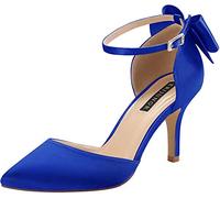 ERIJUNOR Wedding Evening Party Shoes Comfortable Mid Heels Pumps with Bow Knot Ankle Strap Wide Width Satin Shoes, Blue, 5 UK