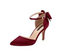 ERIJUNOR Wedding Evening Party Shoes Comfortable Mid Heels Pumps with Bow Knot Ankle Strap Wide Width Satin Shoes, Burgundy, 7 UK