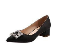 ERIJUNOR Women Comfort Chunky Heel Pointed Toe Rhinestone Wedding Evening Satin Shoes for Bride, Black, 8 UK