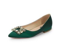 ERIJUNOR Women Comfort Flat Rhinestone Satin Wedding Shoes Pointy Toe Slip On Prom Evening Party Dress Shoes, Green-low, 9 UK