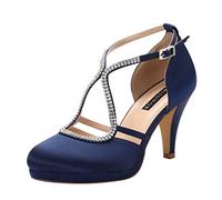 ERIJUNOR Women Comfort Low Heel Closed-Toe Ankle Strap Platform Satin Bridal Wedding Shoes, Navy, 6 UK