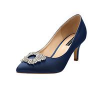 ERIJUNOR Women's Pumps Low Heel Rhinestone Brooch Satin Evening Dress Wedding Shoes Blue Size: 6 UK