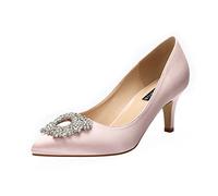 ERIJUNOR Women's Pumps Low Heel Rhinestone Brooch Satin Evening Dress Wedding Shoes, Blush, 7 UK