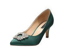 ERIJUNOR Women's Pumps Low Heel Rhinestone Brooch Satin Evening Dress Wedding Shoes, Dark Green, 7 UK