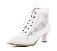 ErikenUrben Women's Vintage Victorian Boots Lace Bridal Wedding Ankle Boots Closed Toe Mesh Kitten Heel Booties White Size 37