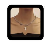 Erimberate Bohemian Enamel Cross Coin Choker Necklace White Cross Disc Pendant Necklaces Chunky Disc Paperclip Link Chain Necklaces Silver Coin T Bar Collar Necklaces Jewelry for Women