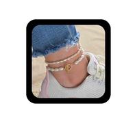 Erimberate Bohemian Layered Pearl Chain Anklet Gold T Bar Ankle Bracelet Oval Pearl Toggle Clasp Anklet Adjustable Pearl Anklets Summer Beach Foot Chain Jewelry for Women and Girls