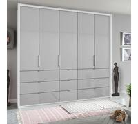 Erimo Wardrobe - 254cm - 5 Door - 9 Drawer - Alpine White & Silk Grey Glass