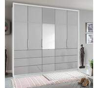 Erimo Wardrobe - 254cm - 5 Door - 9 Drawer - Combi - Alpine White & Silk Grey Glass