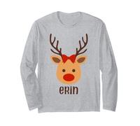 Erin Cute Reindeer Bow Christmas Personalized Name Girls Long Sleeve T-Shirt