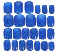 ERINGOGO 24pcs Blue Glitter Short Press On Nails Jelly Nail Tips Full Cover Jelly Glue for Professional and Daily Wear