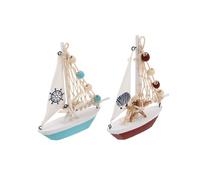 ERINGOGO 2pcs Handcrafted Wooden Sailing Ship Ornament Rustic Vintage Nautical Sailboat Figurines Coastal Tabletop Centerpieces with Red and Blue Designs Beach Home Decorations and