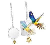 ERINGOGO 2Pcs Swing Bird Mirror with Bell for Parakeet Cockatiel Small to Medium Parrot Cage Accessories Stainless Steel Hanging Ringer for Balance Exercise and Interactive Random Color