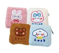 ERINGOGO 4Pcs Cute Plush Sanitary Napkin Storage Bags for Portable Washable Period Pouches in White Bunny Pink Dog Bear Tear Resistant Multipurpose Coin and Card Holders