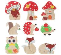 ERINGOGO 9pcs Wooden Mushroom Animal Figurines Set, Hand Carved Desktop Wood Sculptures, Cartoon Miniature Wood Animals Ornament for Office and Home Decor