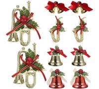 ERINGOGO Christmas Bell Bow Ornament 10Pcs DIY Xmas Tree Hanging Decorations with Double Bells and Silk Tube for Festive Home Decor
